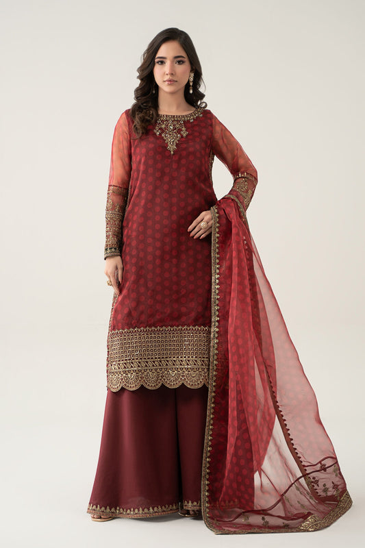 Maria B | Pre Fall Dresses | 3 Piece Embroidered Suit Marron - Ladies Clothes - Maria Faisal