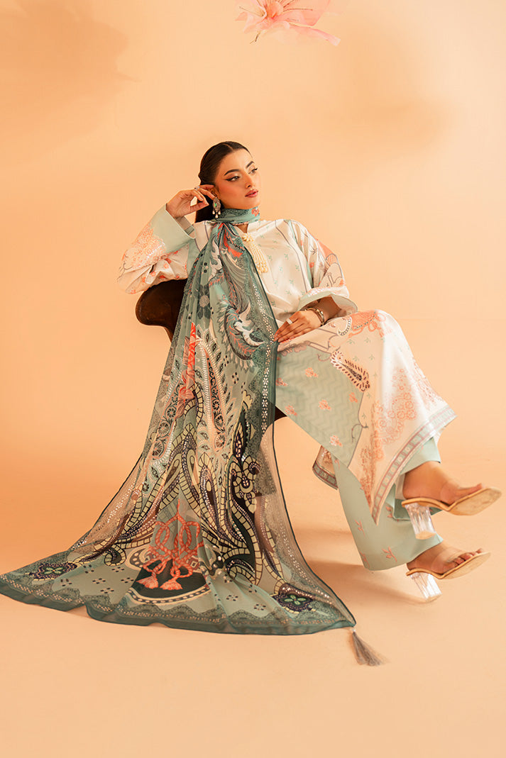 Imrozia Premium | Amelia Printed Silk | SP-149 Celeste Bloom - Luxury Dress - available at Maria Faisal in UK and USA.