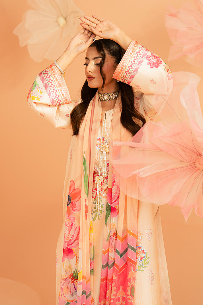Imrozia Premium | Amelia Printed Silk | SP-152 Peach Etoile - Luxury Dress - available at Maria Faisal in UK and USA.