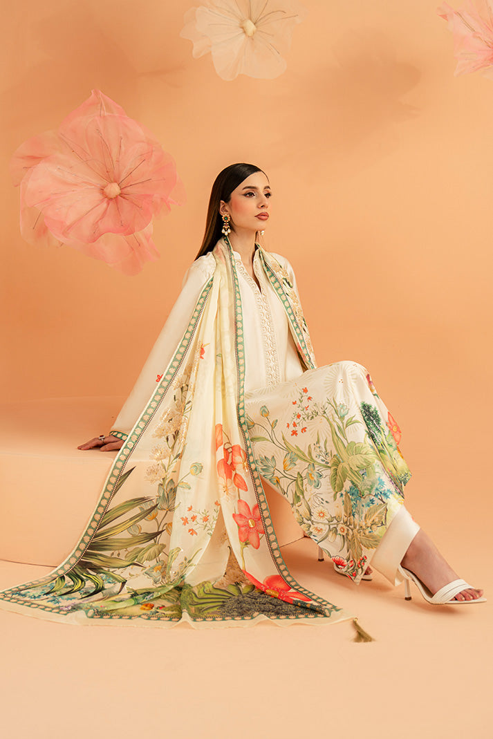 Imrozia Premium | Amelia Printed Silk | SP-153 Ivory Botanica - Luxury Dress - available at Maria Faisal in UK and USA.