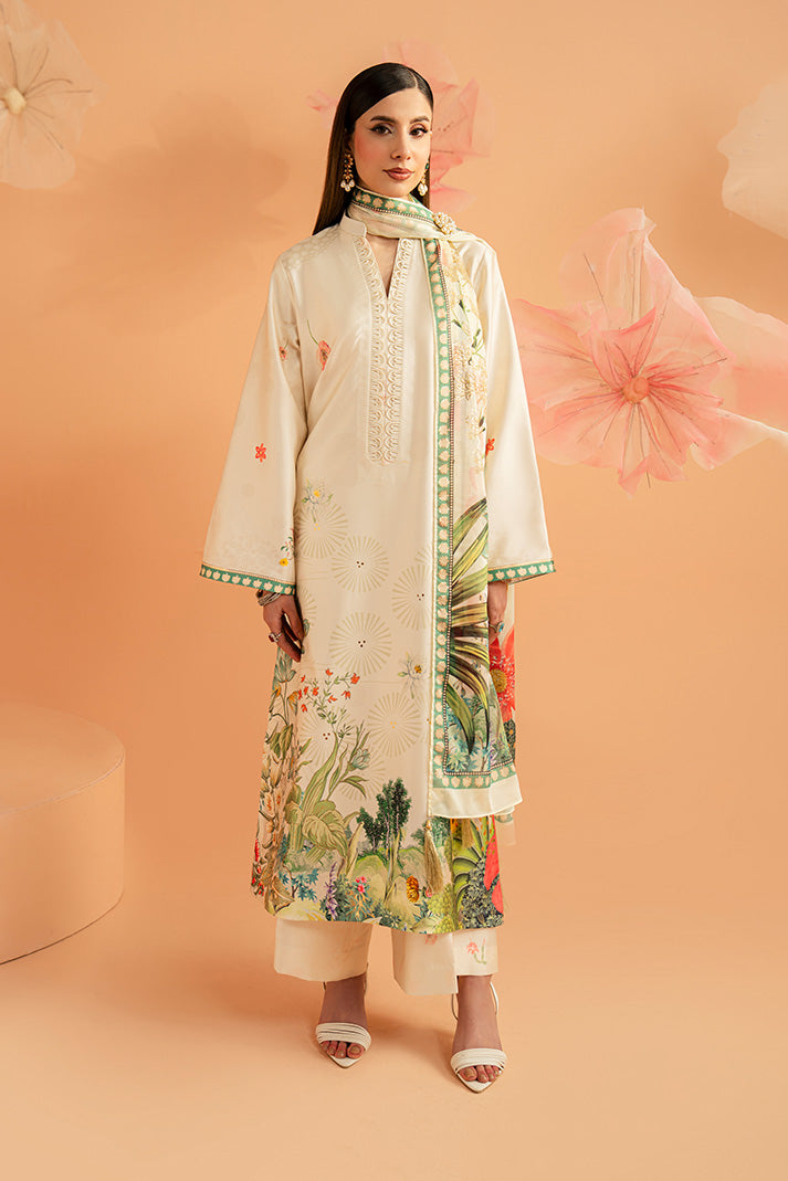 Imrozia Premium | Amelia Printed Silk | SP-153 Ivory Botanica - Luxury Dress - available at Maria Faisal in UK and USA.