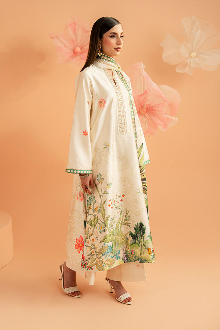 Imrozia Premium | Amelia Printed Silk | SP-153 Ivory Botanica - Luxury Dress - available at Maria Faisal in UK and USA.