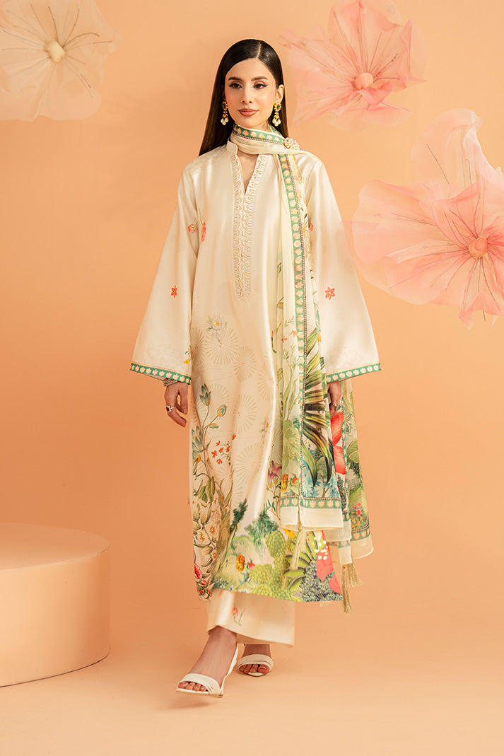 Imrozia Premium | Amelia Printed Silk | SP-153 Ivory Botanica - Luxury Dress - available at Maria Faisal in UK and USA.