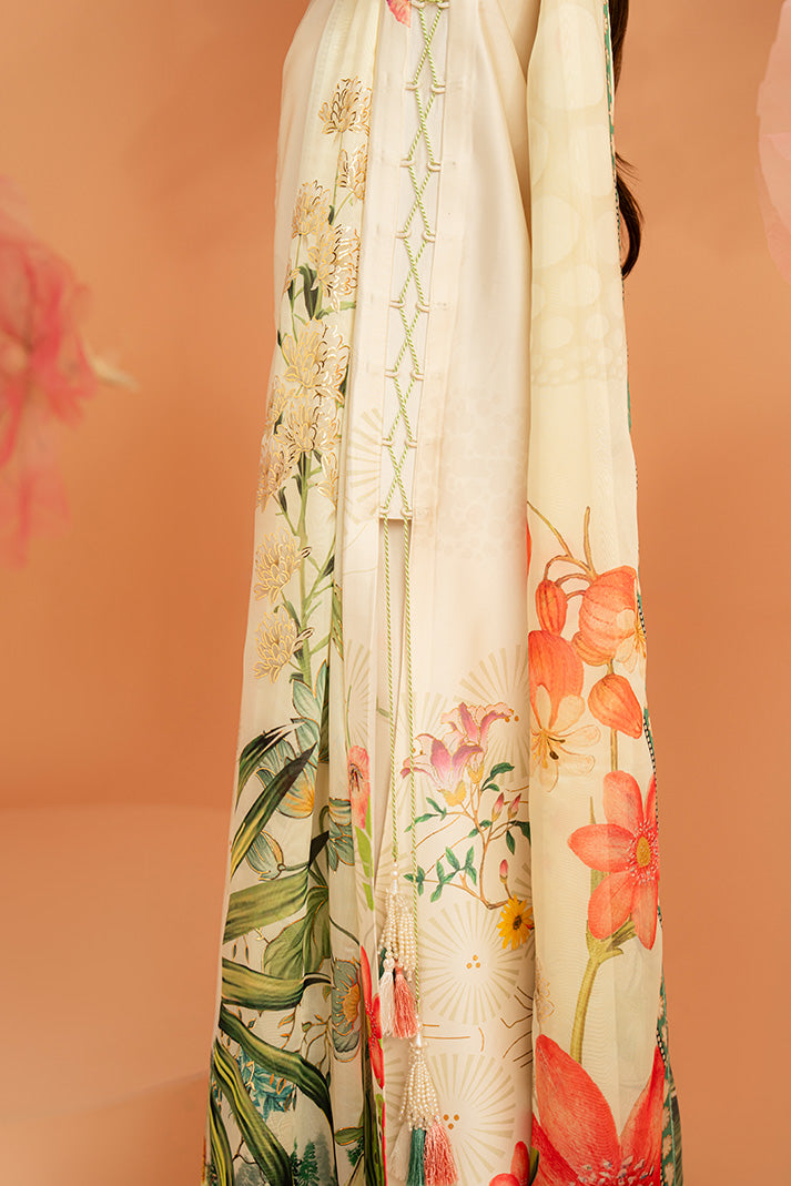 Imrozia Premium | Amelia Printed Silk | SP-153 Ivory Botanica - Luxury Dress - available at Maria Faisal in UK and USA.