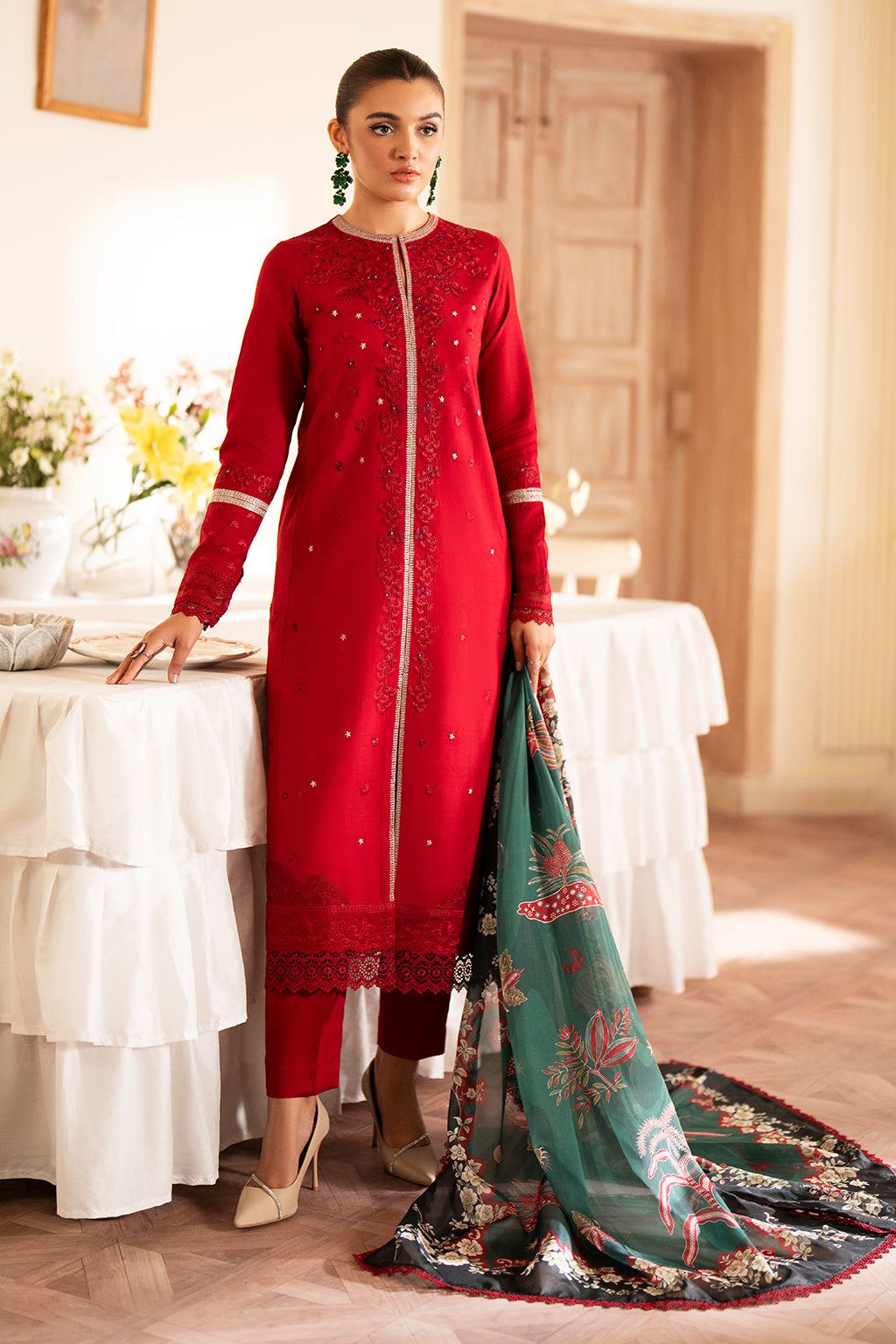 Saad Shaikh | Lumiere Winter |  D-07 Coral - Designer Dress with Intricate embroidery and embellishments. Shop elegent wedding dress at Maria Faisal.