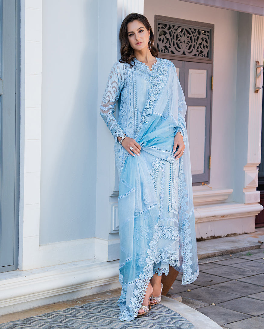 Mushq | Euphoria Pret | Sapphire Gleam - Luxury Dress - available at Maria Faisal in UK and USA.