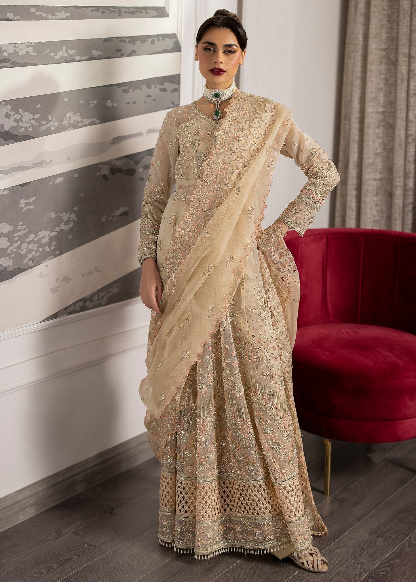 Sardinia | La More 24 | Golden Whisper - Designer Dress with Intricate embroidery and embellishments. Shop elegent wedding dress at Maria Faisal.