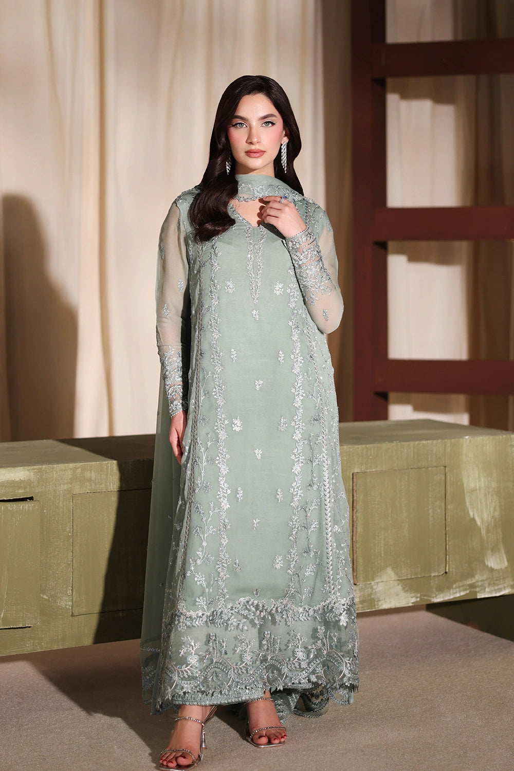 Azure | Azure Luxe | Satin Sage - Luxury Dress - available at Maria Faisal in UK and USA.