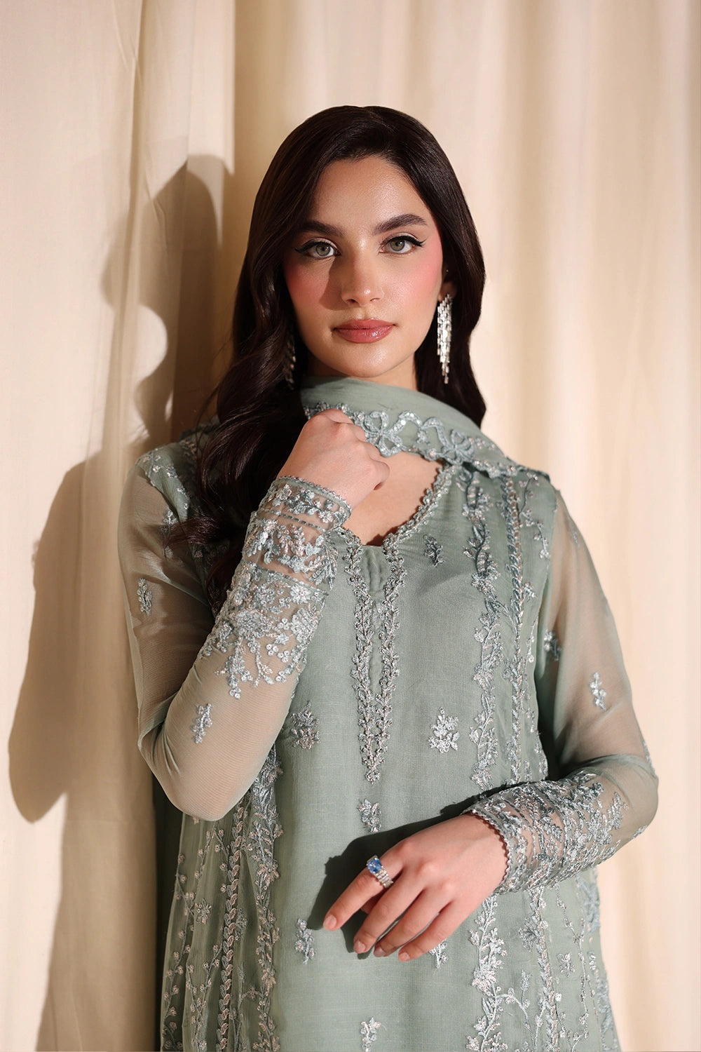 Azure | Azure Luxe | Satin Sage - Luxury Dress - available at Maria Faisal in UK and USA.