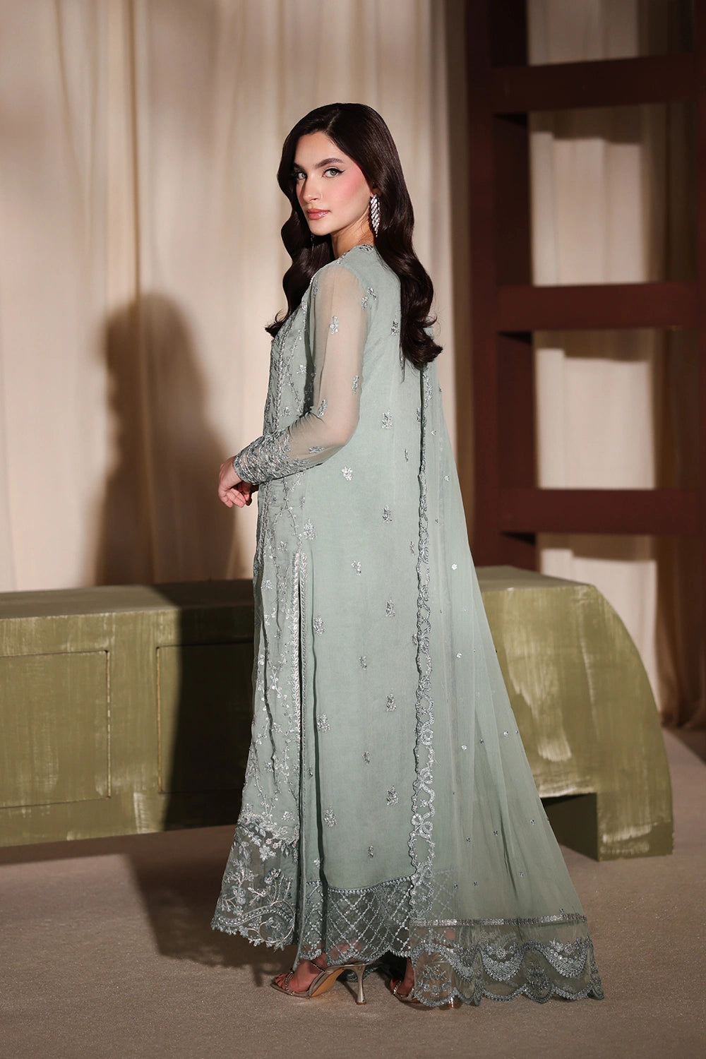 Azure | Azure Luxe | Satin Sage - Luxury Dress - available at Maria Faisal in UK and USA.