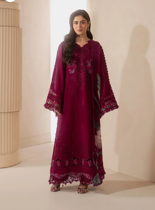 Elaf Premium | E Craft Chikankari 26 |EHC-4A GARNET - Formal Dress - available at Maria Faisal in UK and USA.