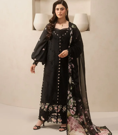 Elaf Premium | E Craft Chikankari 26 |EHC-5A CHARCOAL - Luxury Dress - available at Maria Faisal in UK and USA.