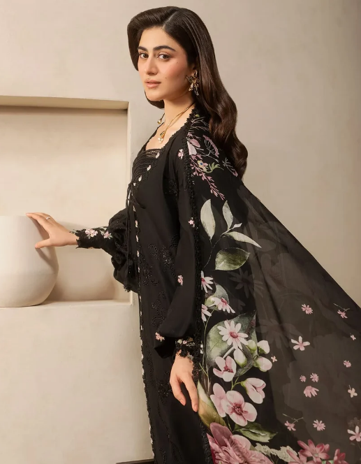 Elaf Premium | E Craft Chikankari 26 |EHC-5A CHARCOAL - Luxury Dress - available at Maria Faisal in UK and USA.