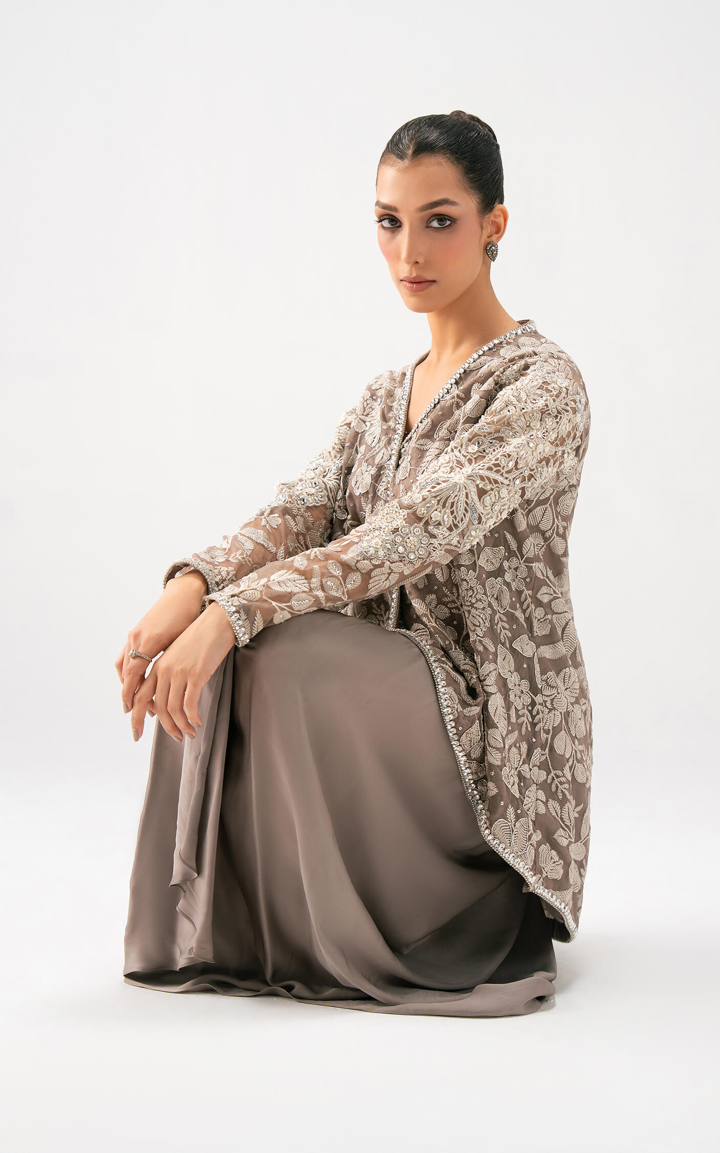Asifa and Nabeel | Lyle Luxury Formals 25 | Taupe Bloom Drape Set - Ladies Clothes - Maria Faisal