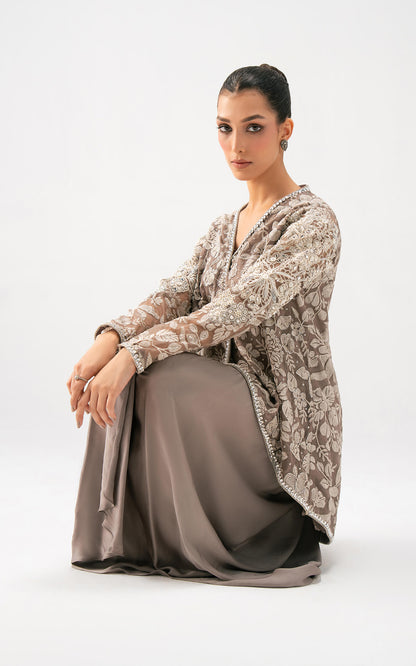 Asifa and Nabeel | Lyle Luxury Formals 25 | Taupe Bloom Drape Set - Ladies Clothes - Maria Faisal