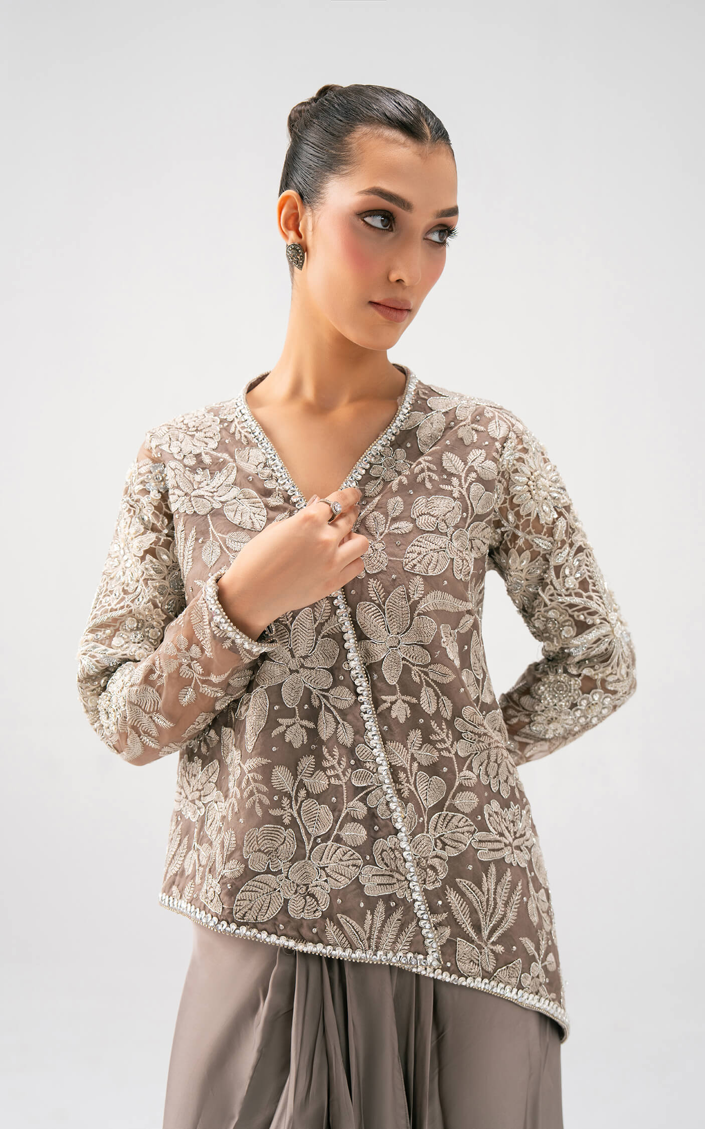 Asifa and Nabeel | Lyle Luxury Formals 25 | Taupe Bloom Drape Set - Ladies Clothes - Maria Faisal