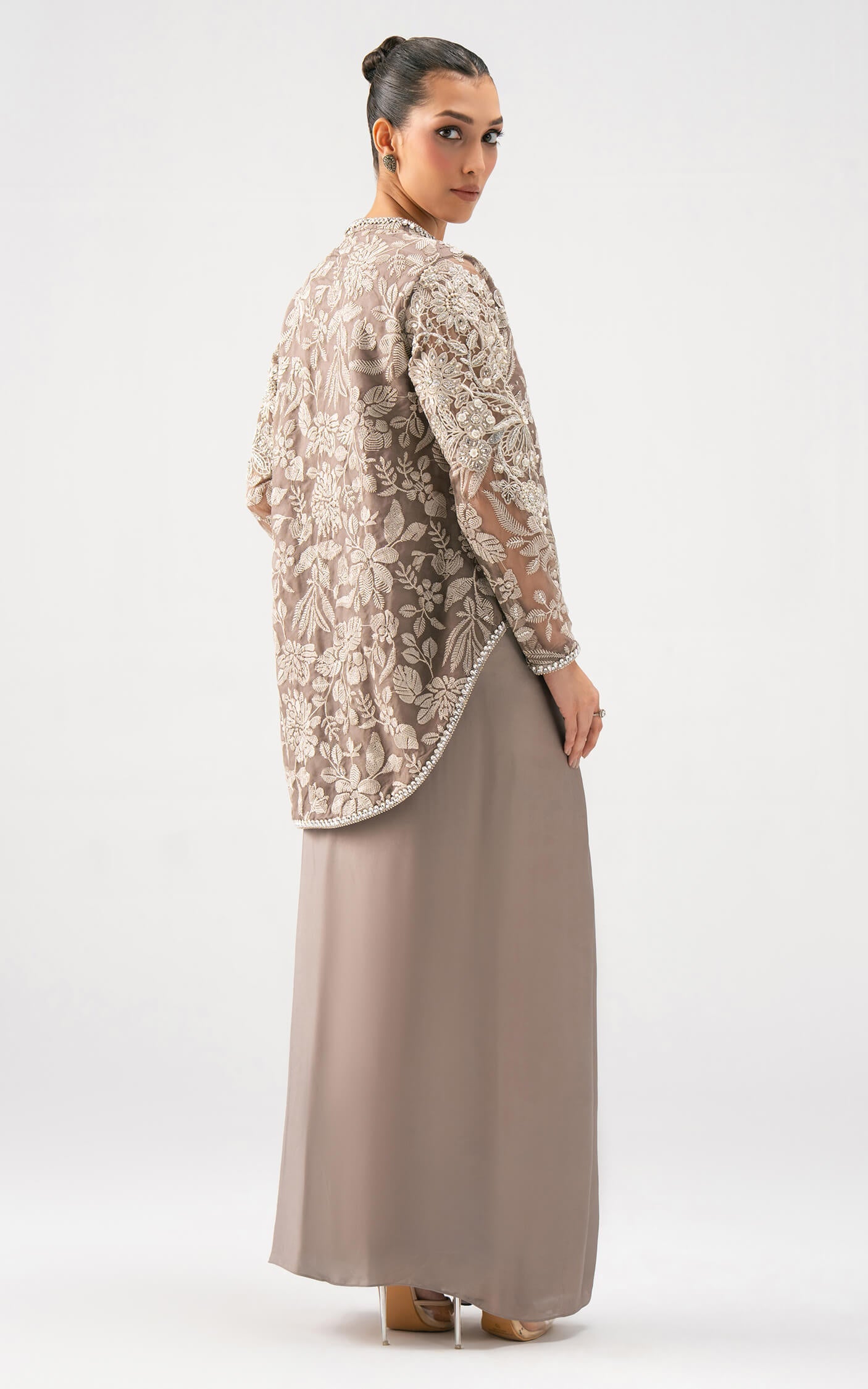 Asifa and Nabeel | Lyle Luxury Formals 25 | Taupe Bloom Drape Set - Ladies Clothes - Maria Faisal