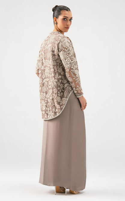 Asifa and Nabeel | Lyle Luxury Formals 25 | Taupe Bloom Drape Set - Ladies Clothes - Maria Faisal