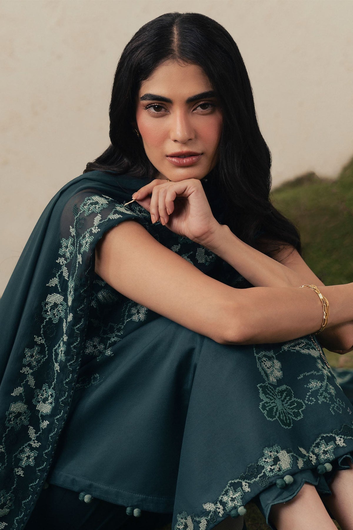 Cross Stitch | The Moonsoon Edit 26 | EMERALD TEAL-3PC EMBROIDERED SUIT - Luxury Dress - available at Maria Faisal in UK and USA.