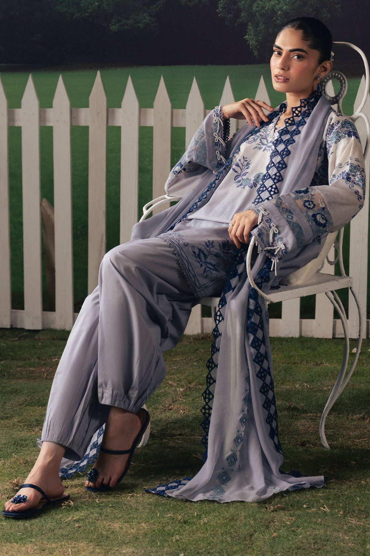 Cross Stitch | The Moonsoon Edit 26 | AZURE BLOOM-3PC PRINTED SUIT - Luxury Dress - available at Maria Faisal in UK and USA.