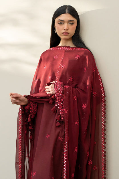 Cross Stitch | Emb Lawn Mahiri 26 | WINDSOR RED - Luxury Dress - available at Maria Faisal in UK and USA.