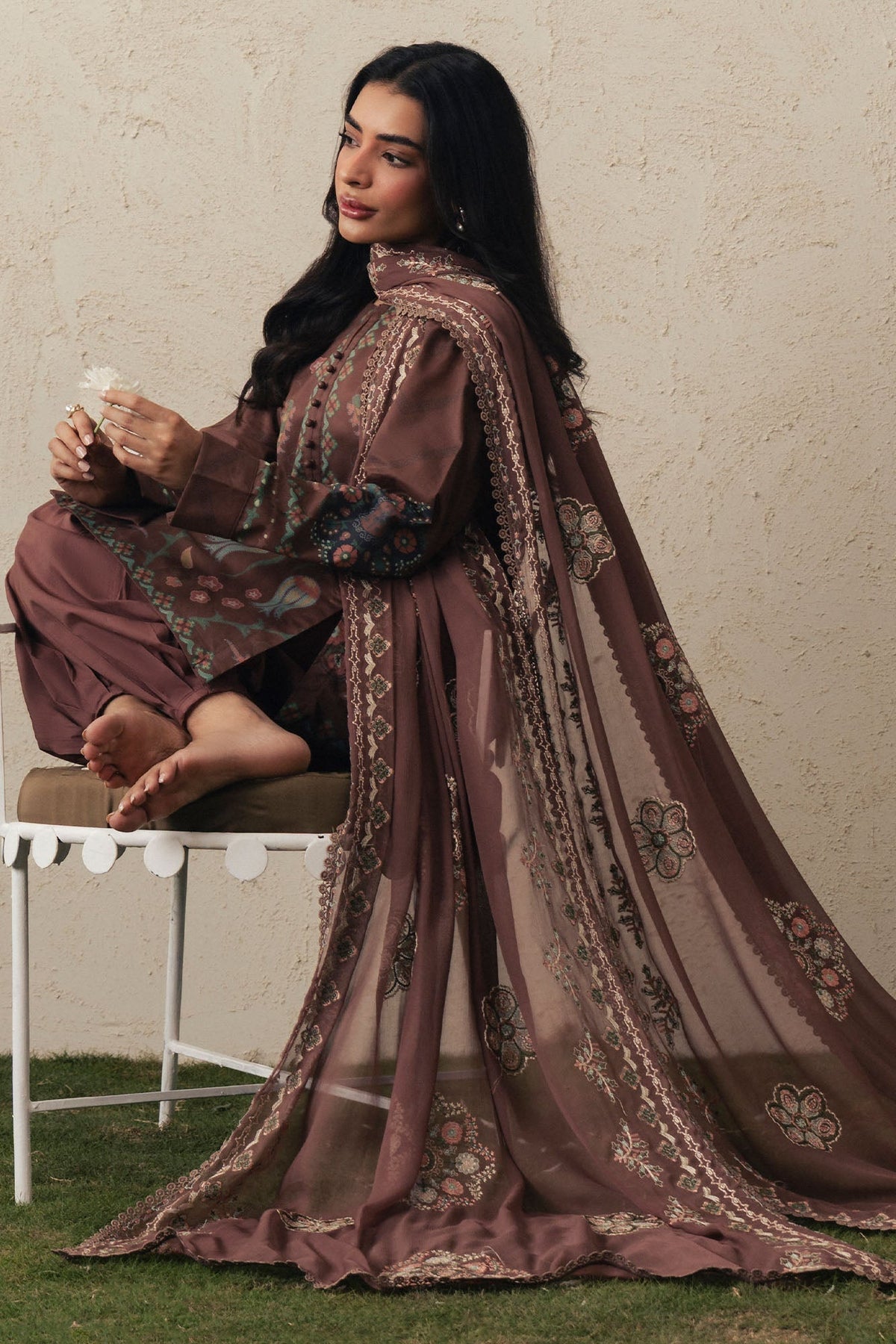 Cross Stitch | The Moonsoon Edit 26 | BRUNETTE GLAM-3PC PRINTED SUIT - Luxury Dress - available at Maria Faisal in UK and USA.