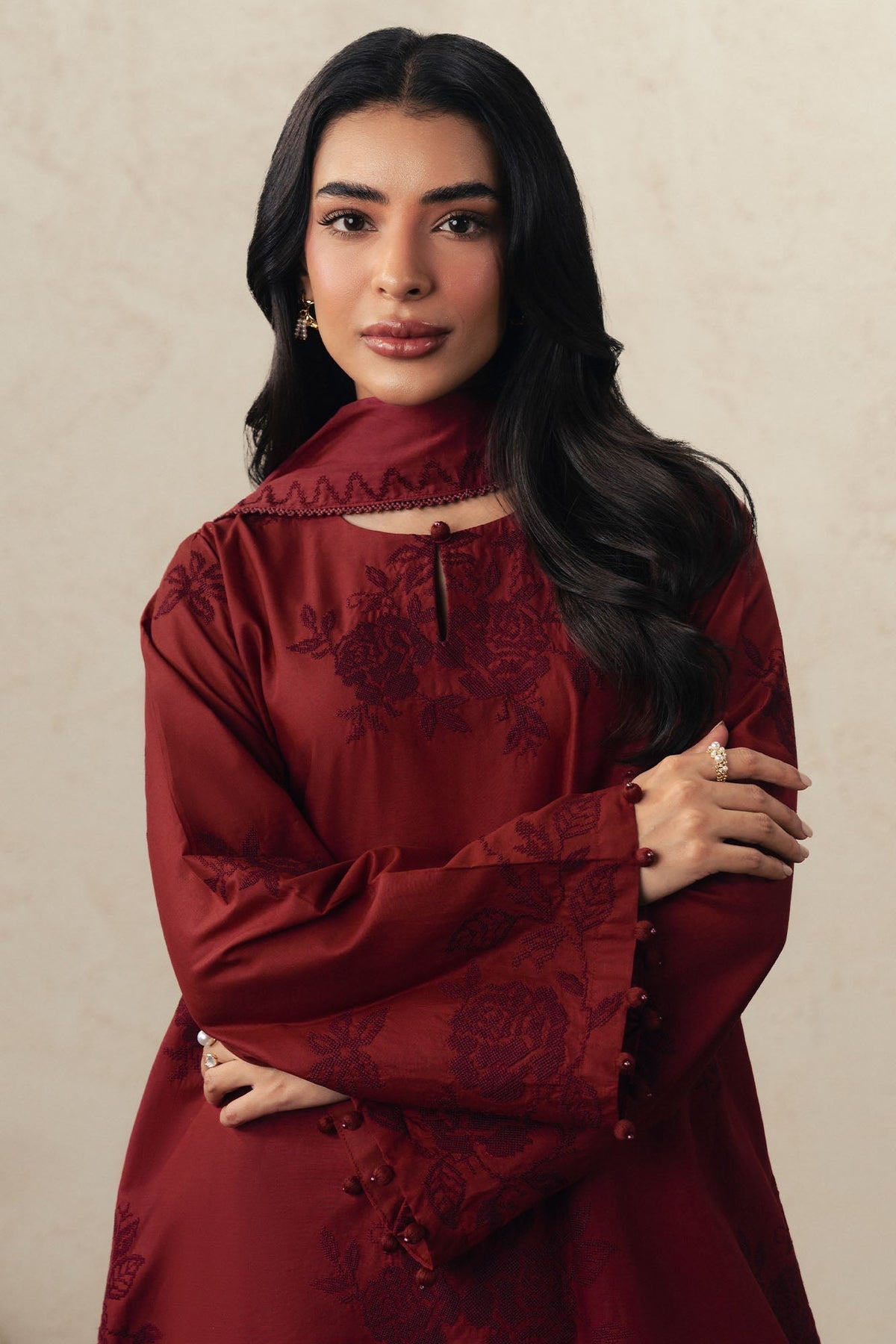 Cross Stitch | The Moonsoon Edit 26 | CRIMSON BLOOM-3PC EMBROIDERED SUIT - Luxury Dress - available at Maria Faisal in UK and USA.