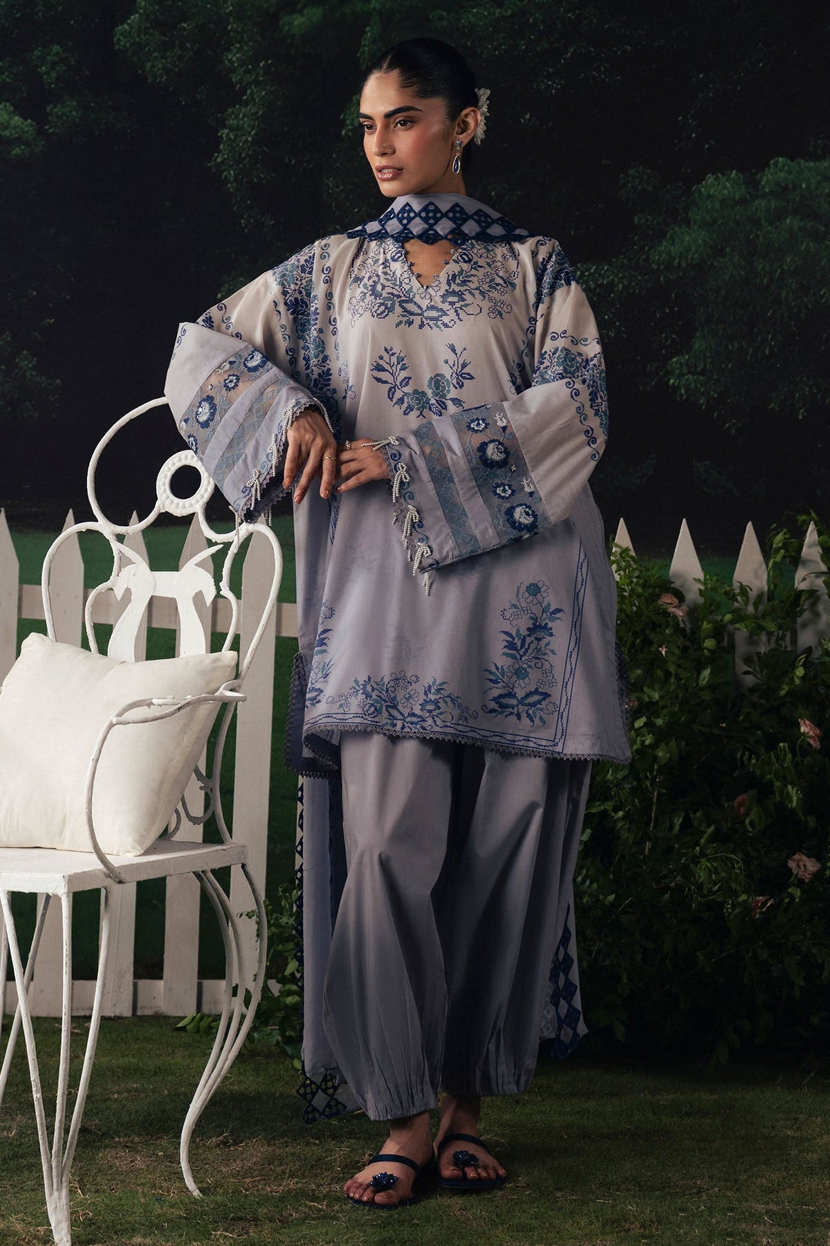 Cross Stitch | The Moonsoon Edit 26 | AZURE BLOOM-3PC PRINTED SUIT - Luxury Dress - available at Maria Faisal in UK and USA.