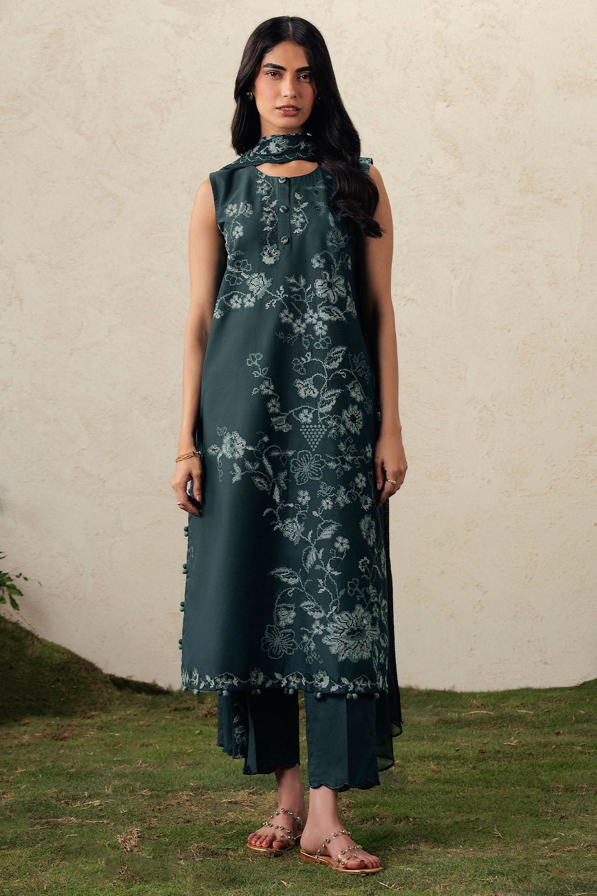 Cross Stitch | The Moonsoon Edit 26 | EMERALD TEAL-3PC EMBROIDERED SUIT - Luxury Dress - available at Maria Faisal in UK and USA.