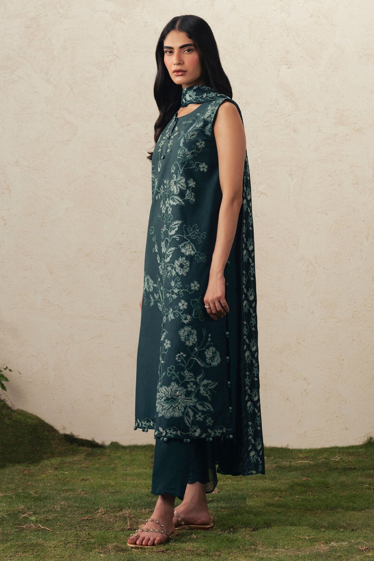 Cross Stitch | The Moonsoon Edit 26 | EMERALD TEAL-3PC EMBROIDERED SUIT - Luxury Dress - available at Maria Faisal in UK and USA.