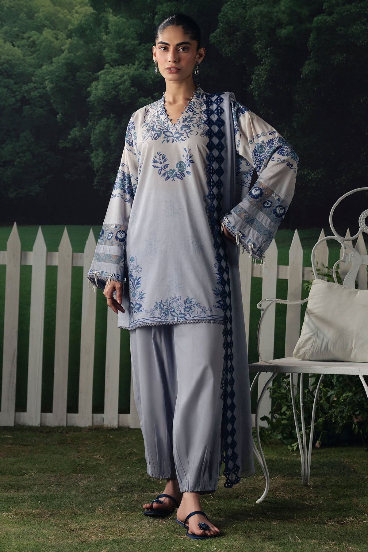 Cross Stitch | The Moonsoon Edit 26 | AZURE BLOOM-3PC PRINTED SUIT - Luxury Dress - available at Maria Faisal in UK and USA.