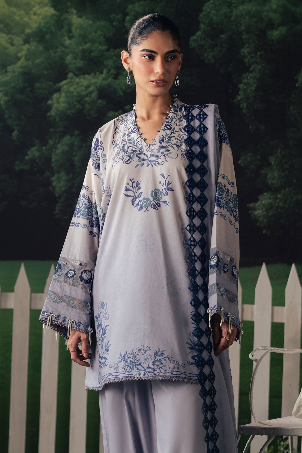 Cross Stitch | The Moonsoon Edit 26 | AZURE BLOOM-3PC PRINTED SUIT - Luxury Dress - available at Maria Faisal in UK and USA.