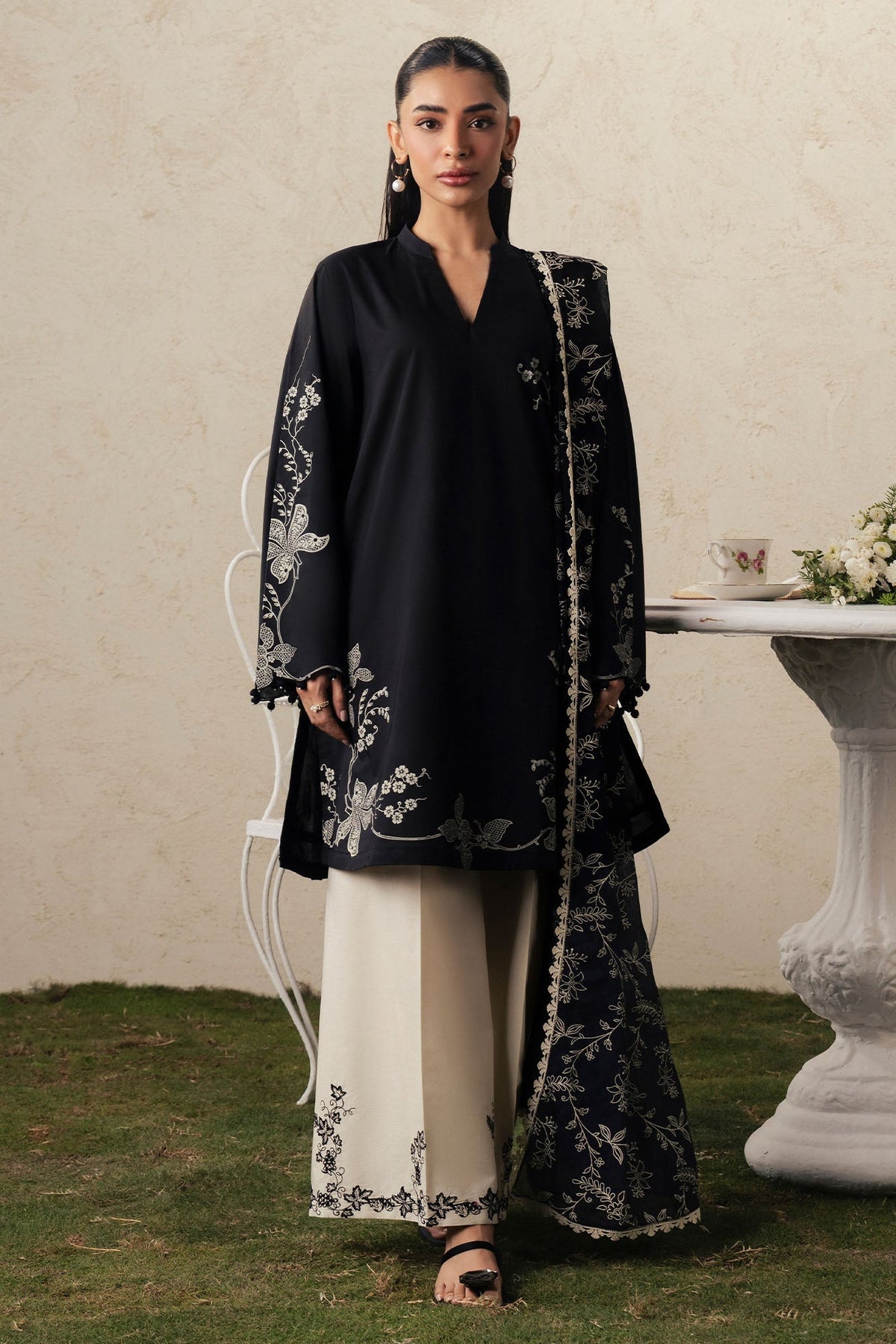 Cross Stitch | The Moonsoon Edit 26 | EBONY LACE-3PC PRINTED SUIT - Luxury Dress - available at Maria Faisal in UK and USA.