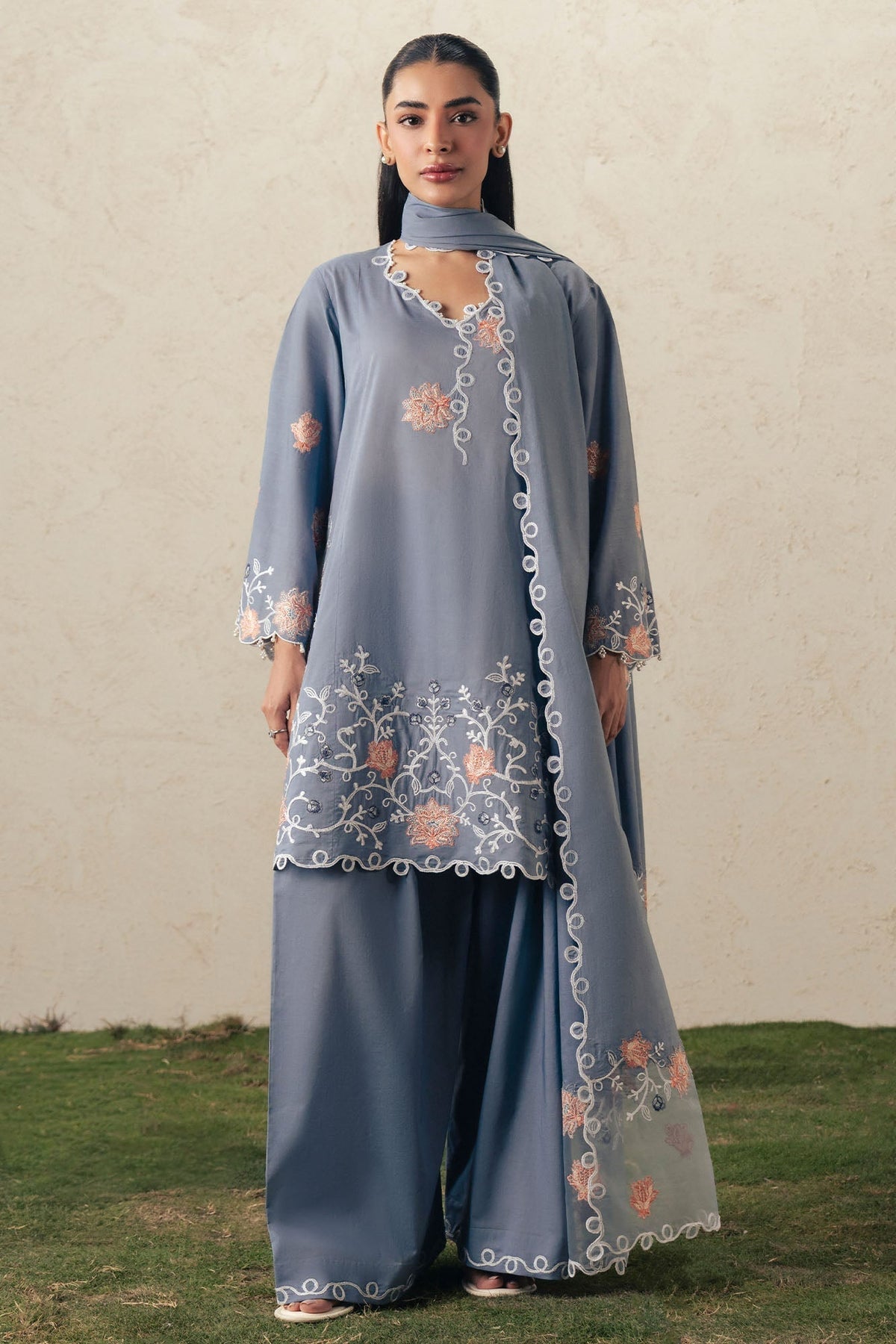 Cross Stitch | The Moonsoon Edit 26 | SAFRON SKY-3PC EMBROIDERED SUIT - Luxury Dress - available at Maria Faisal in UK and USA.