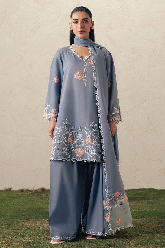 Cross Stitch | The Moonsoon Edit 26 | SAFRON SKY-3PC EMBROIDERED SUIT - Luxury Dress - available at Maria Faisal in UK and USA.