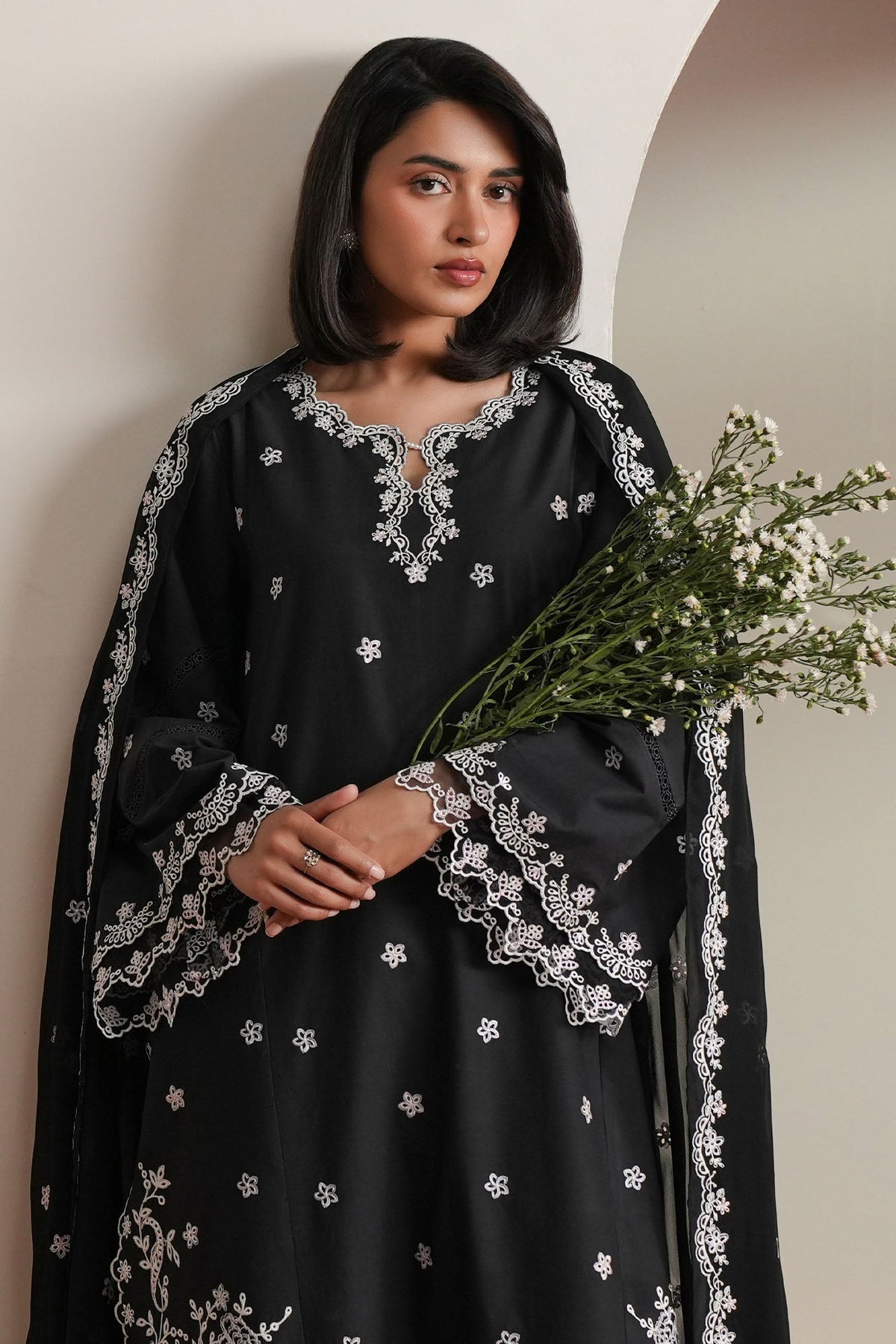 Cross Stitch | Mahiri Embroidered Collection 26 | NOIR CANVAS - Luxury Dress - available at Maria Faisal in UK and USA.