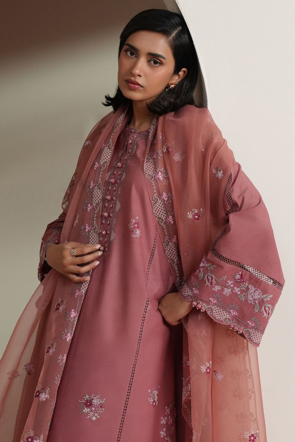 Cross Stitch | Mahiri Embroidered Collection 26 | BLUSH TAPESTRY - Luxury Dress - available at Maria Faisal in UK and USA.