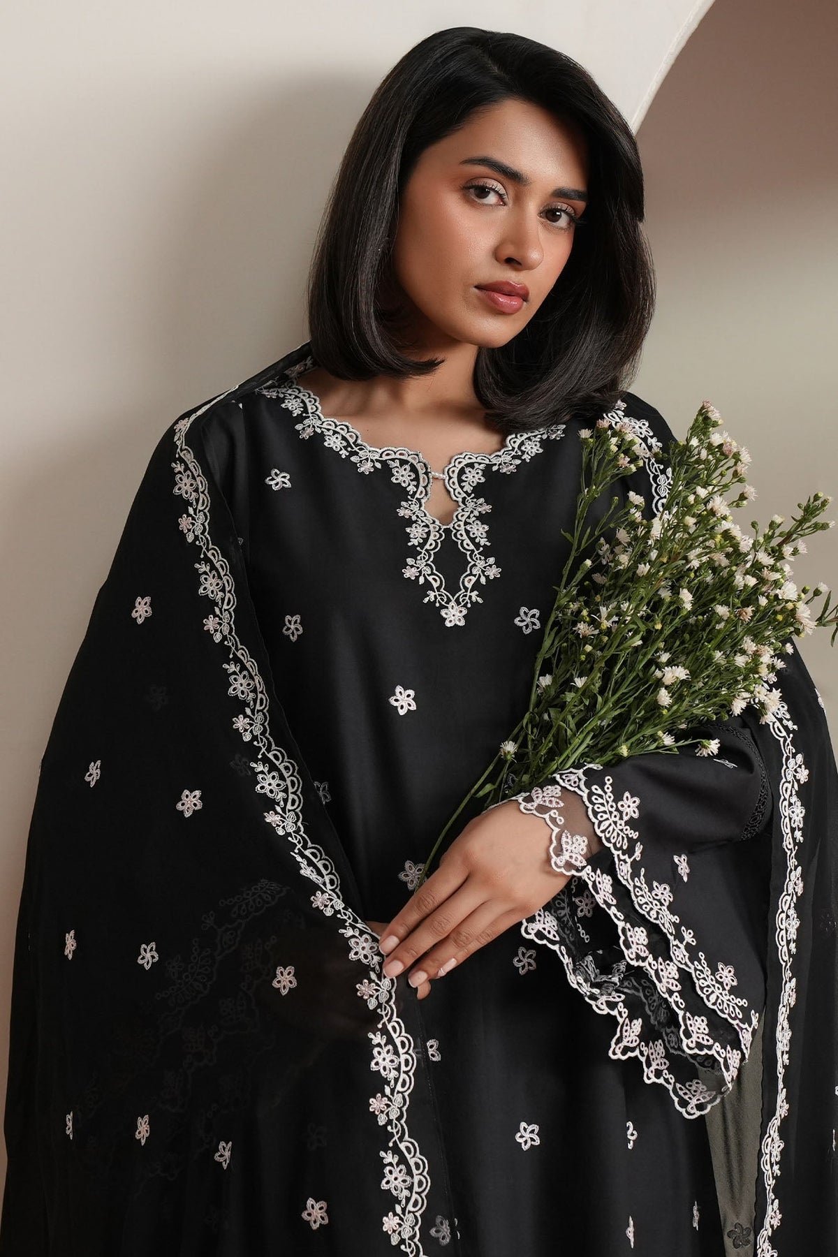 Cross Stitch | Mahiri Embroidered Collection 26 | NOIR CANVAS - Luxury Dress - available at Maria Faisal in UK and USA.