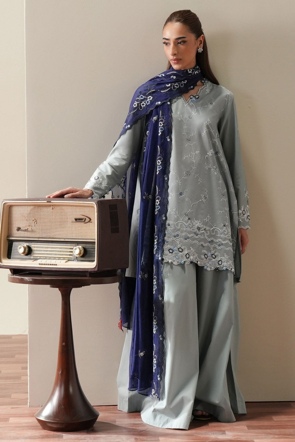 Cross Stitch | Mahiri Embroidered Collection 26 |AQUA SMOKE - Luxury Dress - available at Maria Faisal in UK and USA.