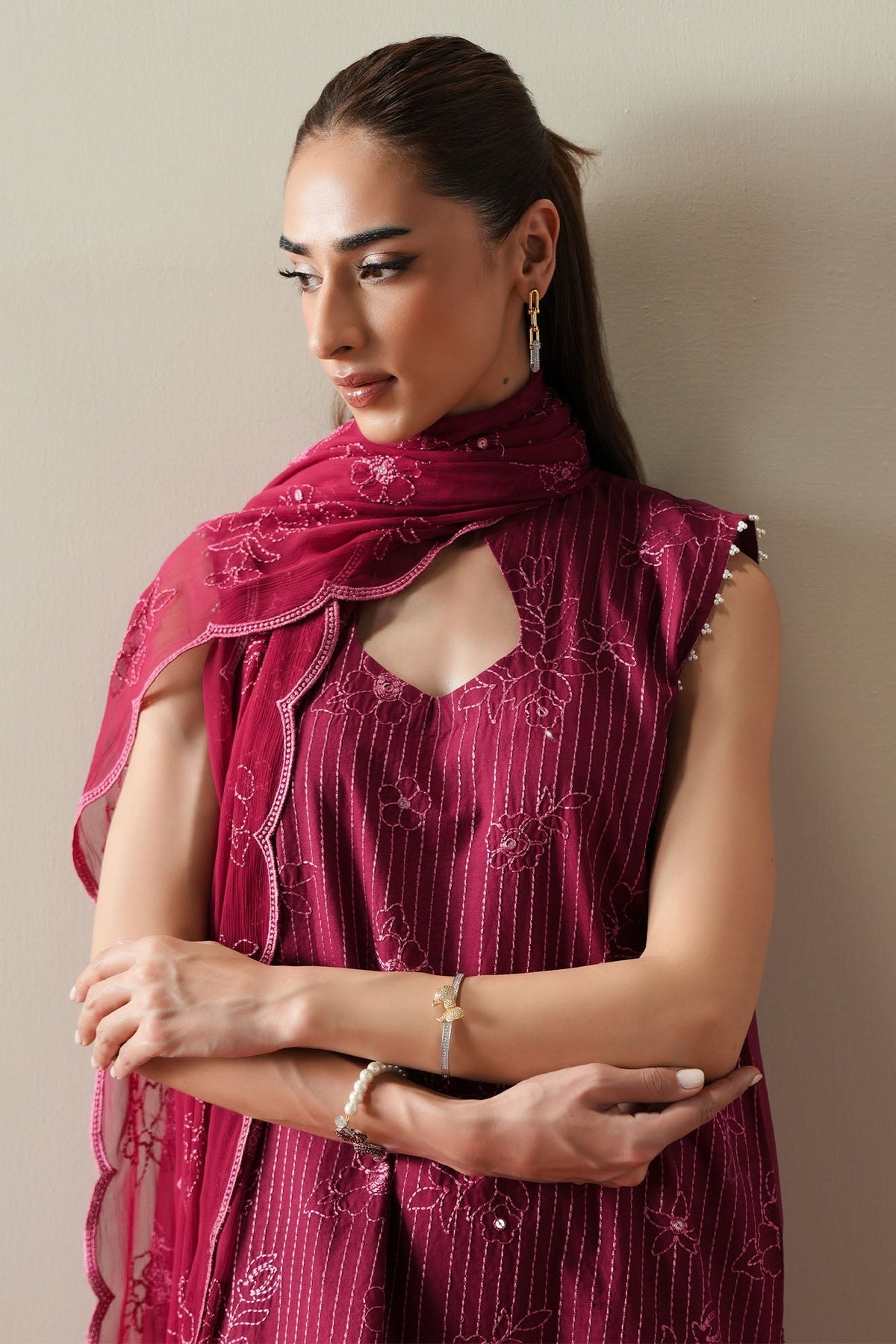Cross Stitch | Mahiri Embroidered Collection 26 |RUBY GLOW - Luxury Dress - available at Maria Faisal in UK and USA.