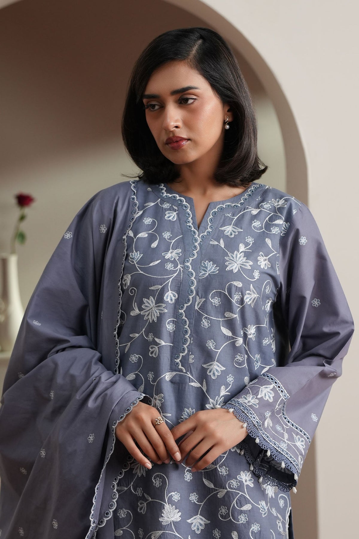 Cross Stitch | Mahiri Embroidered Collection 26 | SLATE PETALS - Luxury Dress - available at Maria Faisal in UK and USA.