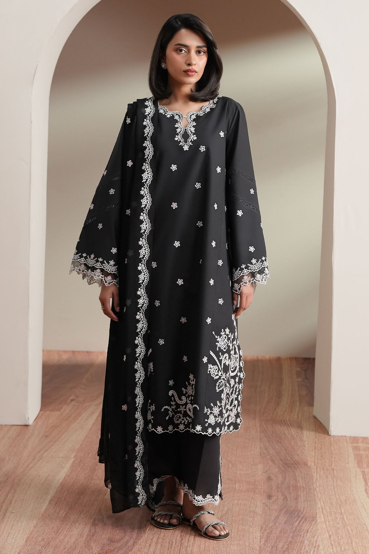 Cross Stitch | Mahiri Embroidered Collection 26 | NOIR CANVAS - Luxury Dress - available at Maria Faisal in UK and USA.