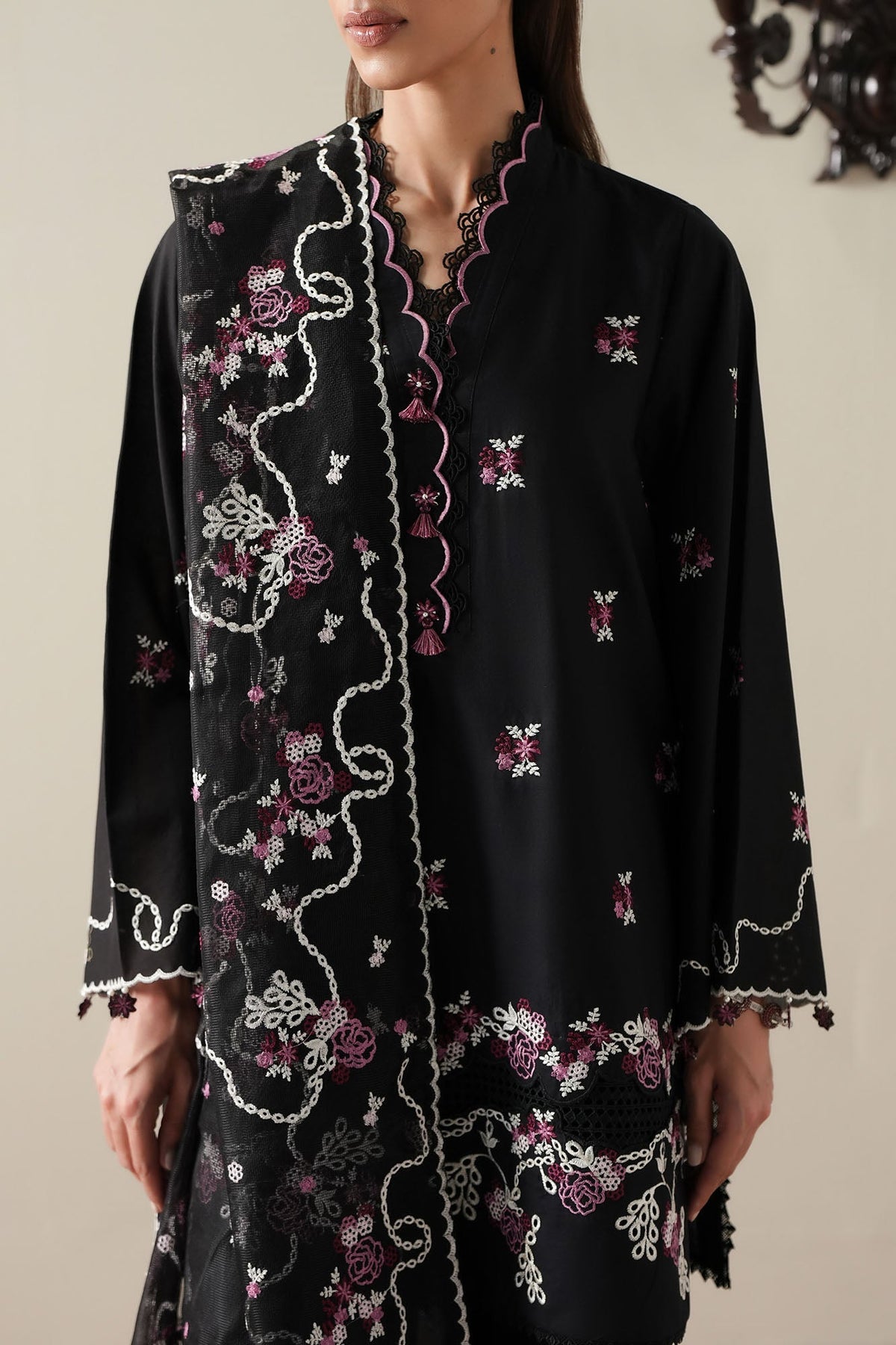 Cross Stitch | Mahiri Embroidered Collection 26 |EBONY MIST - Luxury Dress - available at Maria Faisal in UK and USA.