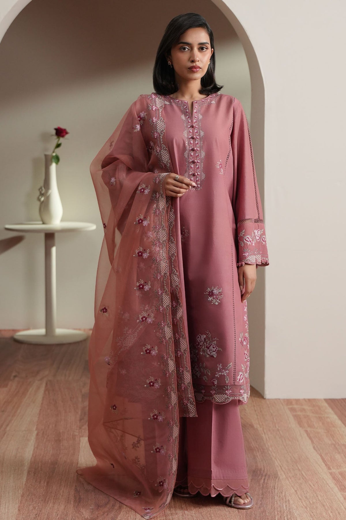 Cross Stitch | Mahiri Embroidered Collection 26 | BLUSH TAPESTRY - Luxury Dress - available at Maria Faisal in UK and USA.