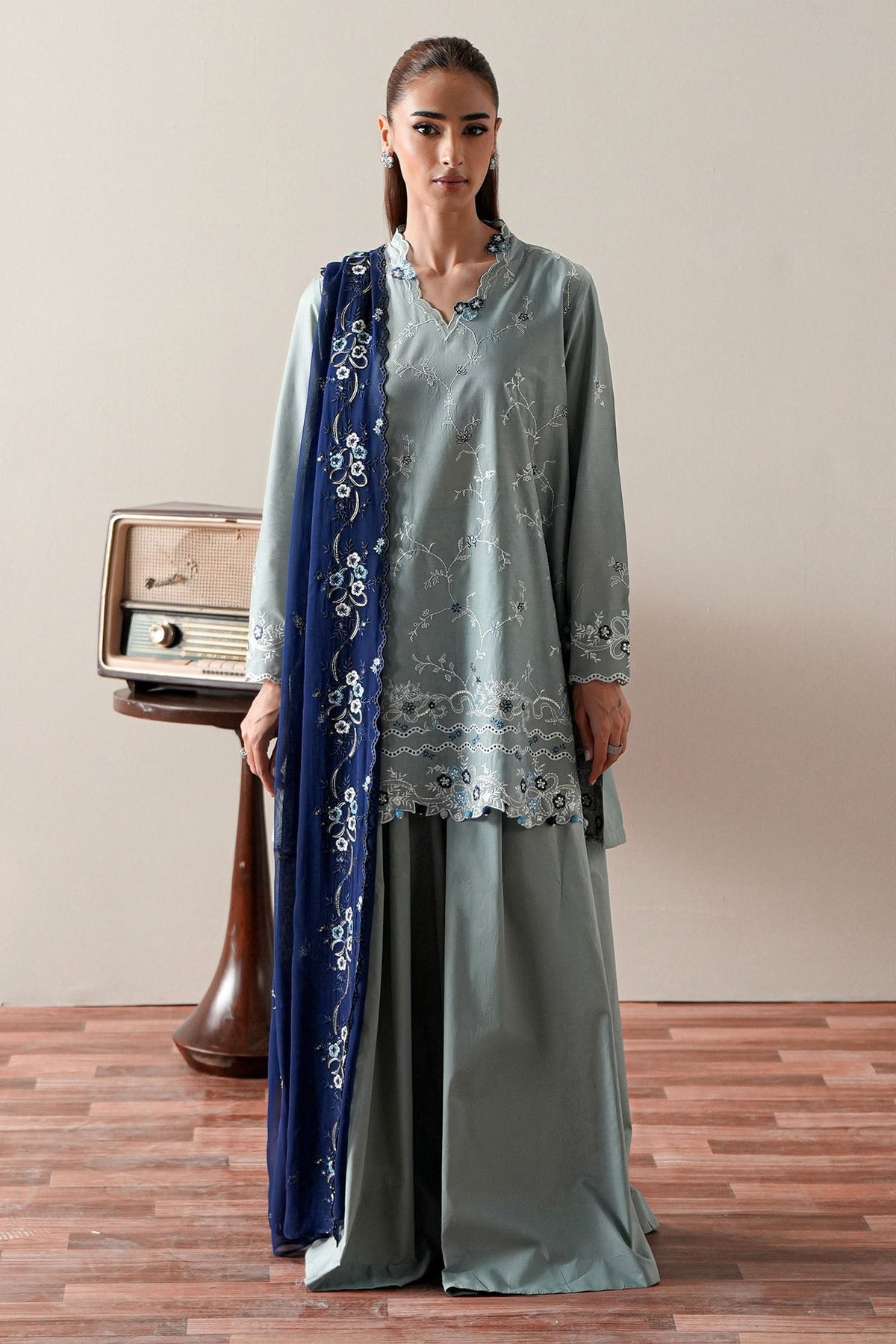 Cross Stitch | Mahiri Embroidered Collection 26 |AQUA SMOKE - Luxury Dress - available at Maria Faisal in UK and USA.