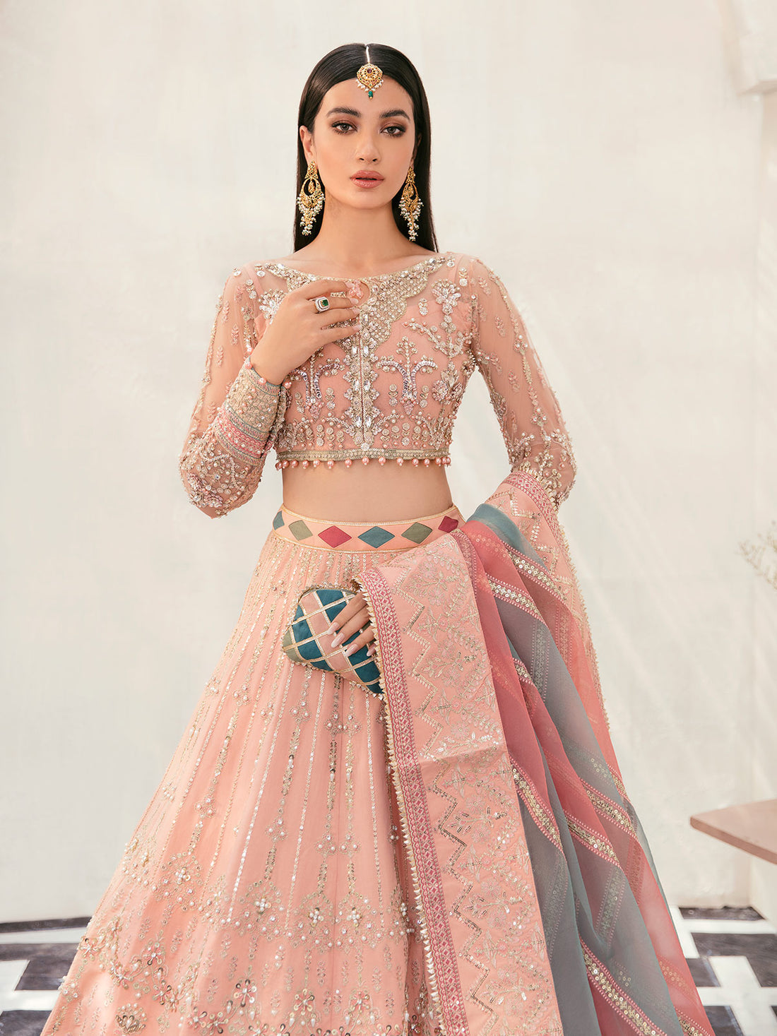 Gulaal | Wedding Formals | AFREEN GL-WS-22V1-29 (PEACH LEHNGA CHOLI) - Designer Dress with Intricate embroidery and embellishments. Shop elegent wedding dress at Maria Faisal.