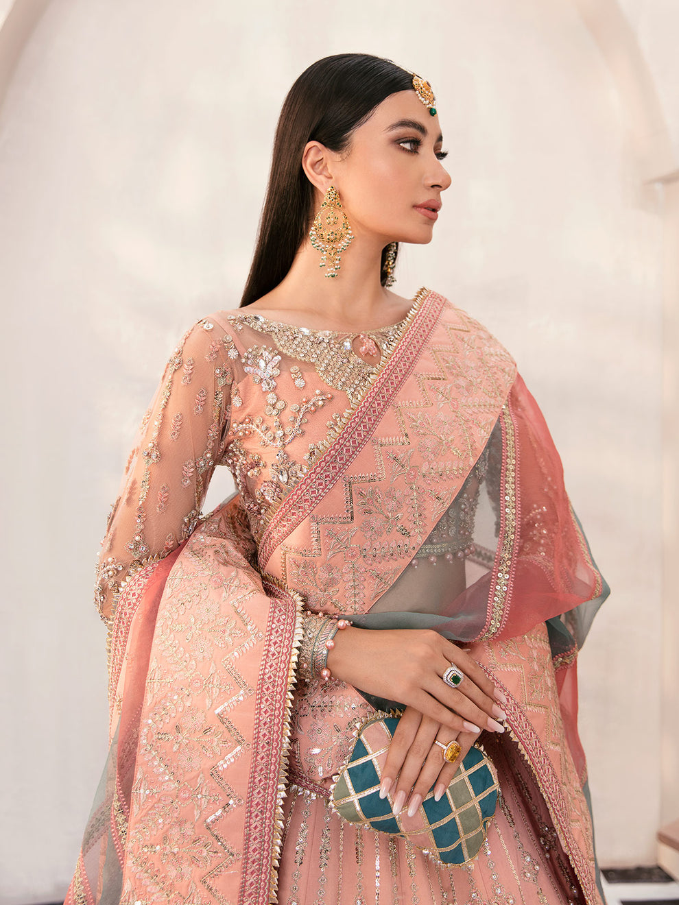 Gulaal | Wedding Formals | AFREEN GL-WS-22V1-29 (PEACH LEHNGA CHOLI) - Designer Dress with Intricate embroidery and embellishments. Shop elegent wedding dress at Maria Faisal.