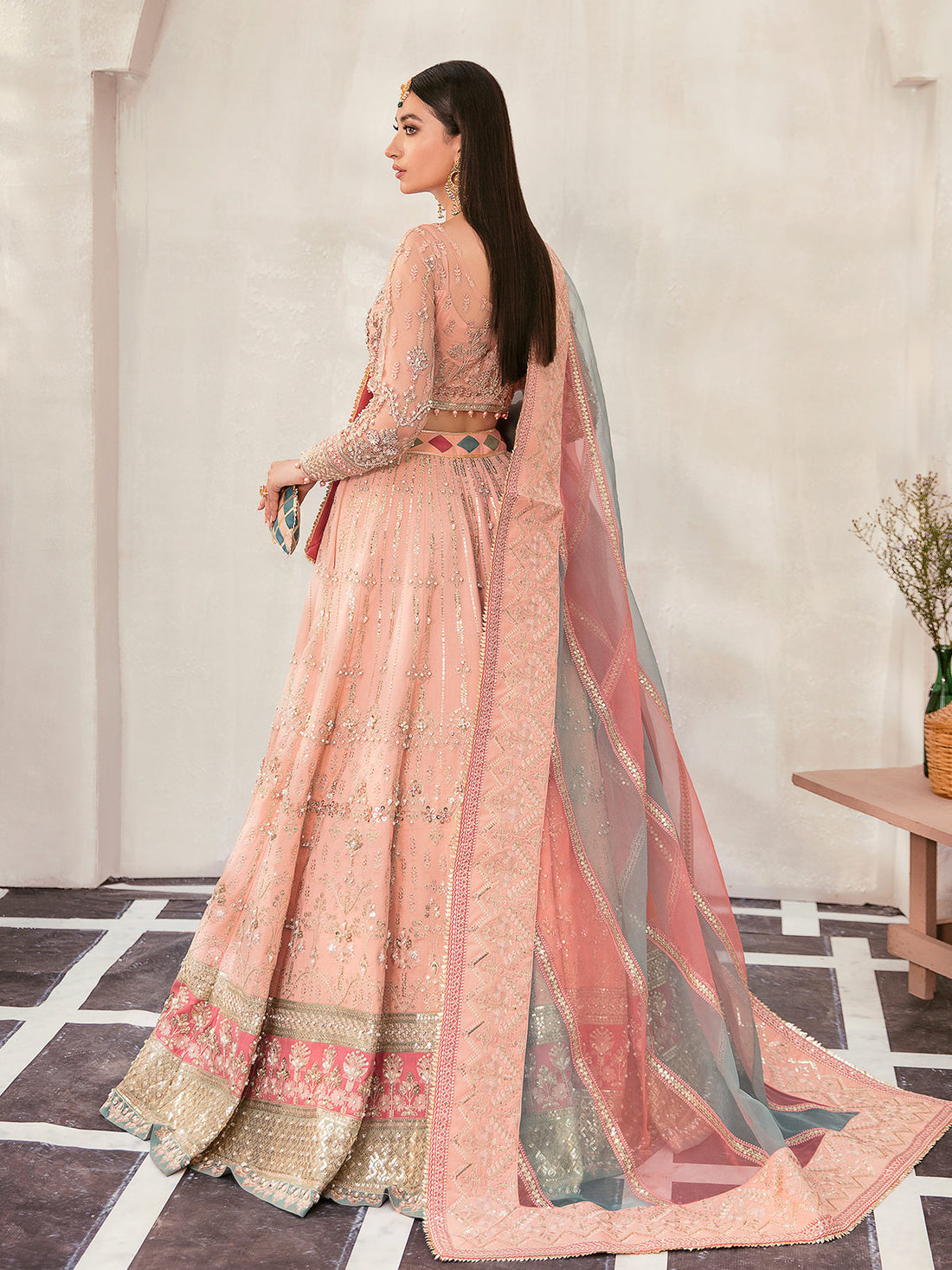 Gulaal | Wedding Formals | AFREEN GL-WS-22V1-29 (PEACH LEHNGA CHOLI) - Designer Dress with Intricate embroidery and embellishments. Shop elegent wedding dress at Maria Faisal.