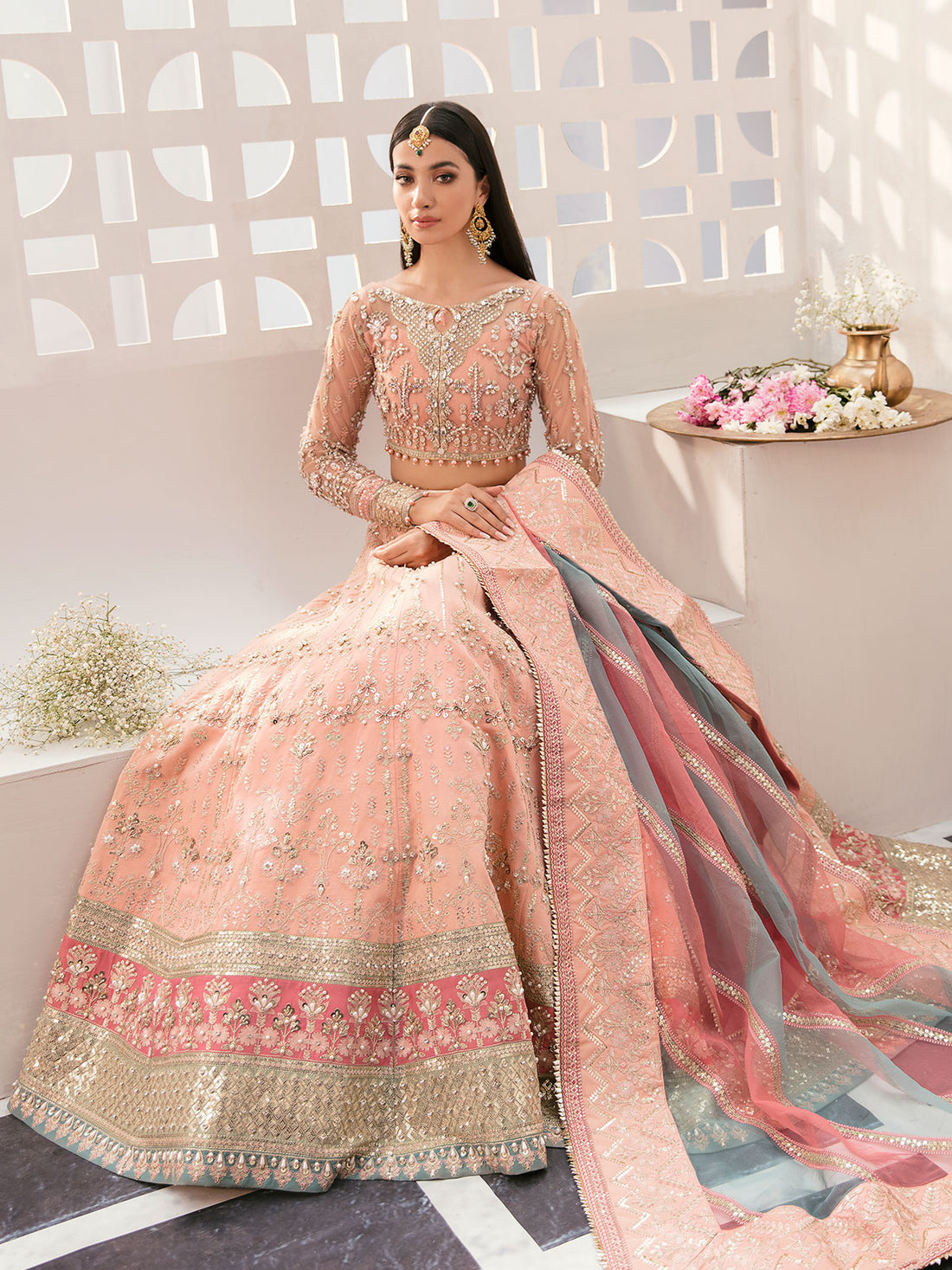 Gulaal | Wedding Formals | AFREEN GL-WS-22V1-29 (PEACH LEHNGA CHOLI) - Designer Dress with Intricate embroidery and embellishments. Shop elegent wedding dress at Maria Faisal.