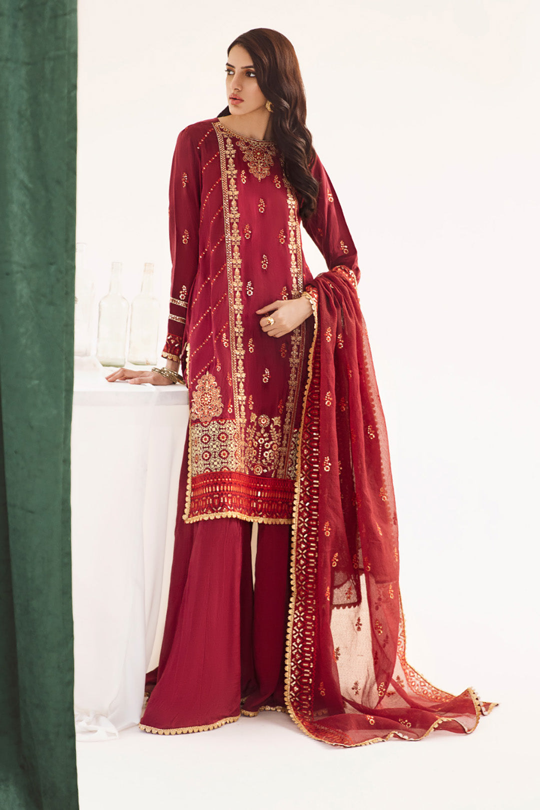 Zellbury | Unstitched 3 Piece Raw Silk | Embroidered Shirt Shalwar Dupatta - 0297 - Designer Dress with Intricate embroidery and embellishments. Shop elegent wedding dress at Maria Faisal.